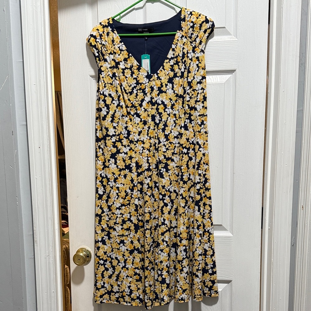 Maggy London Navy and Yellow Floral Midi Dress